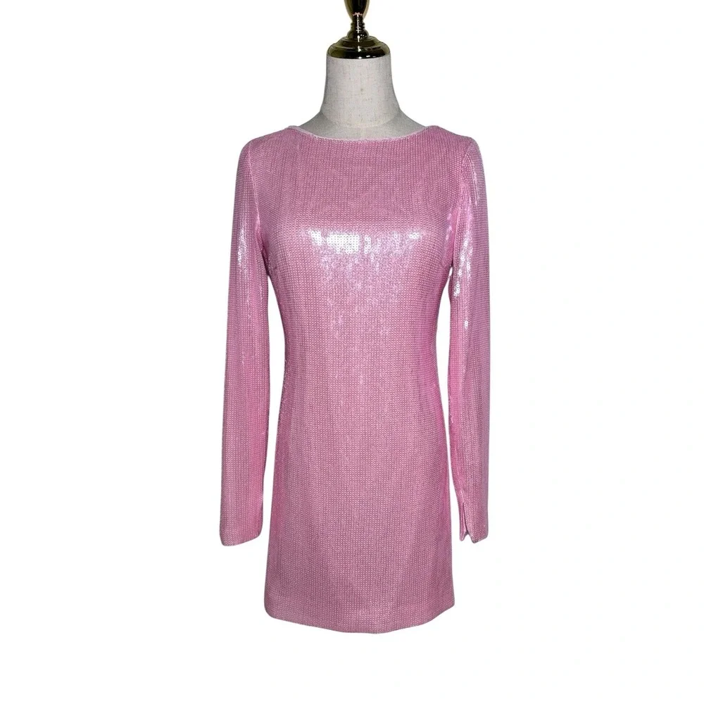 Gianni Bini Sequin Mini Dress Womens 14 Pink Long Sleeve Open Back Shift - Picture 2 of 12